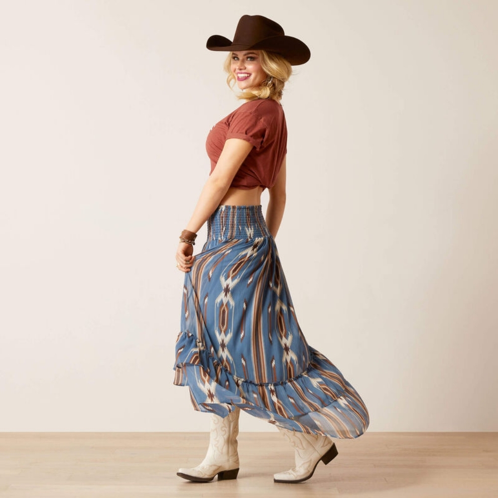 ARIAT JACOBO CHIMAYO SOUTHWESTERN AZTEC PRINT RUFFLED HI LOW HEM MIDI SKIRT - Picture 8 of 15